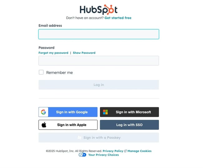 website with user accounts; hubspot’s login page as an example of a simple web design